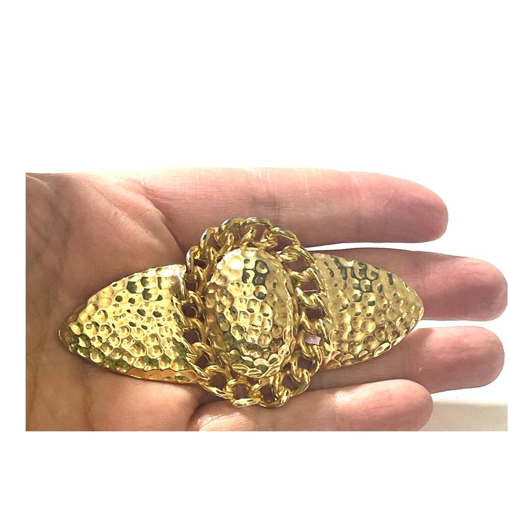 Vintage Large Gold Tone Hammered Metal & Chain Brooch 3.5"